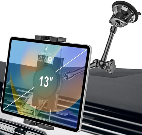 woleyi Heavy Duty Truck Tablet Mount [Metal Arm] Dashboard Windshield Suction Cup Tablet Holder for Trucks/Vehicles, Compatible with iPad Pro Air Mini, Galaxy Tab, Z Fold, Cell Phones, 4.7-13 Inch