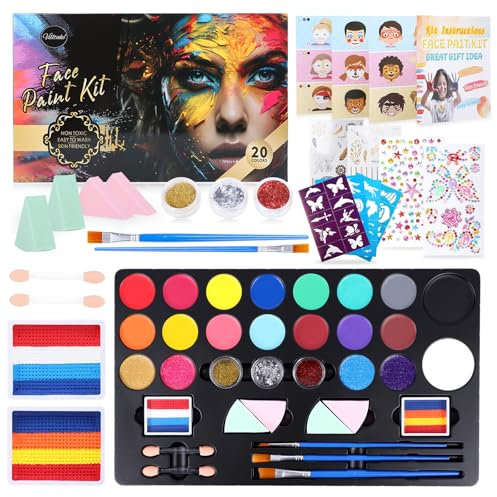 Set di trucchi per bambini, 20 colori, con stencil e pennelli, colore delicato sulla pelle, per carnevale, Halloween, con glitter e strass, sicuro per i bambini
