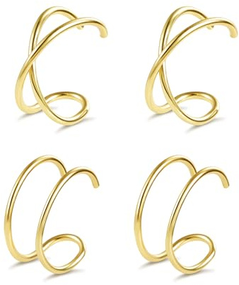 ALEXCRAFT 4 Pièces Manchette d'Oreille Fines Or pour Femme, Ensemble Boucles d'Oreilles Sans Trou Petit en Acier Inoxydable, Ear Cuff Non Piercing Cartilage Réglables