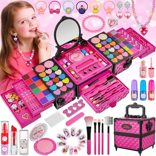 99 Pcs Kids Makeup Kit for Girls, Princess Toys Real Washable Cosmetics Set | Hair Ties, Nails, Rings, Earrings, Necklace, Perfect for 3 4 5 6 7 8 Year Old Girls Birthday