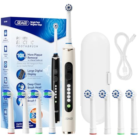 Seago Cepillo Electrico Recargable, Cepillo de Dientes Eléctrico Rotativo con Estuche de Viaje, 8 Cabezas para la familia, 5 Modos, Temporizador 2 Min,IPX7, SG2607, Beige
