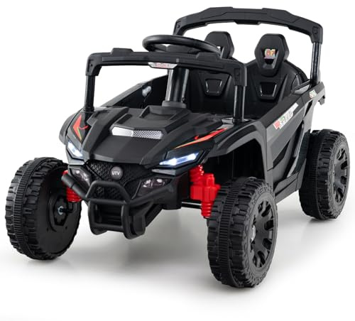 COSTWAY 12V Kids Ride on Car, Electric UTV Truck with Remote Control, LED Lights, Music, Horn, Forward/Backward Function, 2 Motors Battery Powered Vehicle Toy for 3+ Years Old (Black)