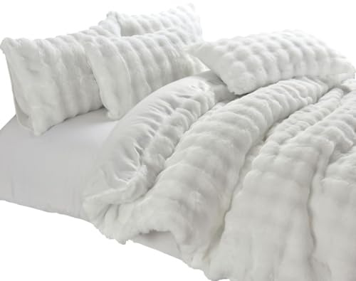 Soodie&Zuzu's Luxury Square Teddy Fleece Duvet Cover Set, Ultra Soft Thermal Bedding Winter Warm, Fluffy Comfort Set (Double, White)