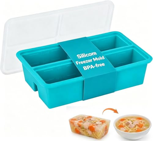 Defresit 2 Pack Extra Large Soup Containers for Freezing, Silicone Cube Soup Freezer Mould with Lid (1 PACK Blue)
