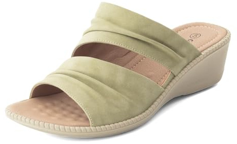 Cushion Walk Extra Wide EEE Fit Sandals for Women, Slip-On Double Strap Ruched Open Toe Low Wedge Ladies Mules with Padded Insole, Comfortable Lightweight Faux Leather Summer Shoes (Size 4 UK, Olive)