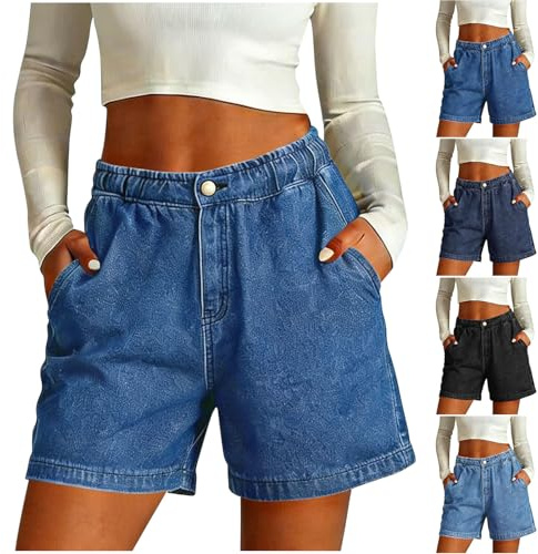 Pantalones Cortos Elástico Mujer Vaqueros Pierna Ancha con Cintura Alta Verano Casual Denim Shorts Talla Grande Pantalon Corto Vaquero Elegantes Comodos Bermudas Jeans Retro Original