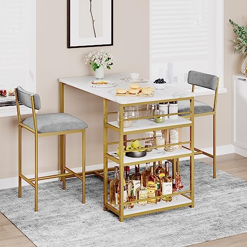 Creperture Ensemble Table de Bar pour 2 Personnes, Ensemble Table de Bar et Chaises avec 3 étagères, 2 Chaises Rembourrées avec Repose-Pieds Salle à Manger Meubles pour Cuisine, Appartement