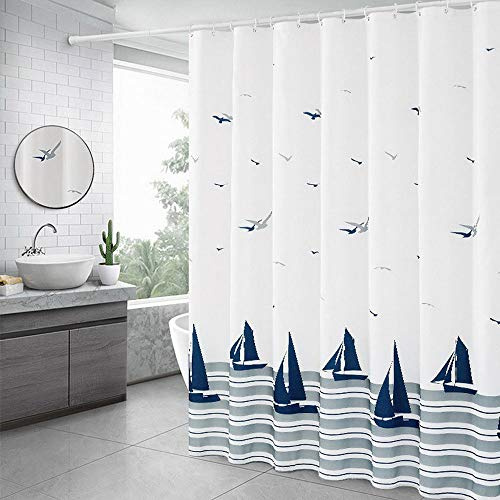 Xinyanmy Seagull Sailboat Nautical Shower Curtain Weighted Hem with 14 Hooks 100% Polyester Extra Large Waterproof Mouldproof Washable for Bathroom,180x180cm(71 x 71)