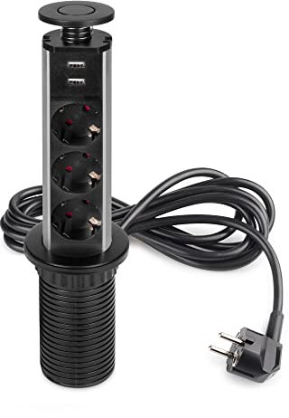 Emuca - Regletas Enchufe encastrable, Regleta multienchufe retráctil, 3 enchufes EU y 2 Puertos USB, Torre de enchufes Vertical empotrable para encimera, Pintado Negro, Plástico y Aluminio