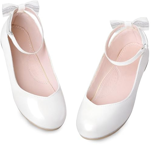 Bigwow Girls White Dress Shoes Ballet Flats Mary Jane Princess Shoes School Wedding Church Party with Ankle Strap Big Kids Size 4