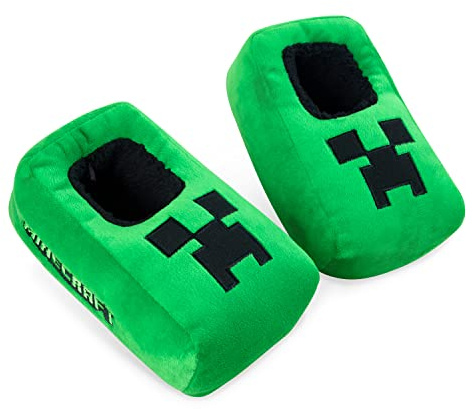 Minecraft Boys Slippers, Cosy Creeper Indoor House Shoes - Gamer Gifts for Boys (Green/Black, 11/12 UK, S)