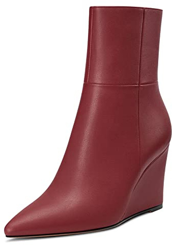 Aachcol Femmes Bottines Compensé Fermé Pointu Bout Bloc Chunky Mi Talon Heel Dress Chaussures Matte Fermeture à Glissière Bourgogne Rouge 5 CM 38 EU