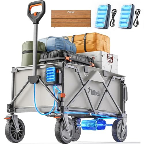 Litheli Carretilla eléctrica Plegable, Carro de Mano Plegable con Frenos, 200 L, 60 kg de Carga, Adecuado para Camping, jardín, Compras (Beis, 2 Pilas y Tablero de Mesa)