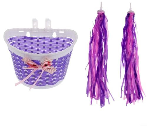 EpheyFIF Kids Bike Basket Set, Children's Streamers Balance Bike Decoration Accessories Basket for Girls(Purple)