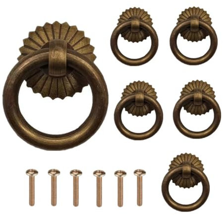 6pcs Poignee de Meuble Vintage Bouton de Meuble Tiroir Bague Poignée de Traction Poignées de Tirage Antique pour Cuisine Armoire Placard Commode Porte