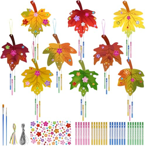 Feuille d'érable Carillons, Lot de 9 Carillons à Vent en Bois d'érable pour Enfants, Kit Carillon Enfant Bricolage Artisanat, Décoration Cadeau pour Activités Automne