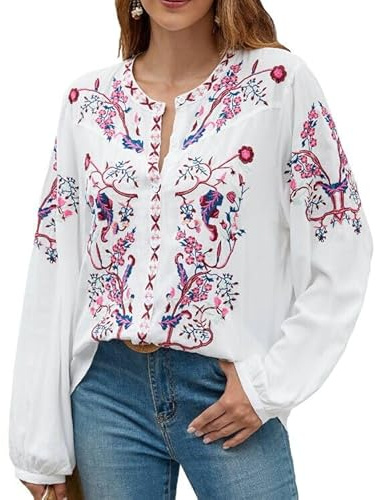 Womens Long Sleeve Shirts Fall Tops Embroidered Blouses Casual Loose Peasant Tunic Mexican Trendy Clothes White