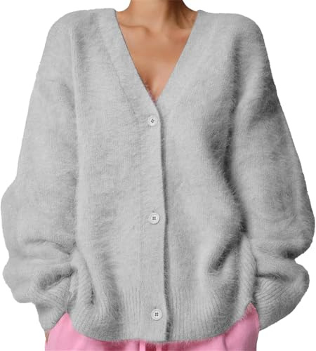 MAOAEAD Luxuriöse Kaschmir-Cardigan, einfarbig, flauschiger Strickpullover, Cardigan, V-Ausschnitt, vorne offen, stilvoll, weiche Jacke (Hellgrau, S)