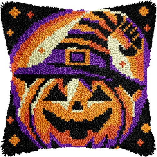 veirousa Halloween Pumpkin Latch Hook Pillow Kits for Adults Beginners, Jack-o-Lantern Pre-Printed Pillowcase Set, Rug Making Kits, Cushion Craft for Home Sofa Decor, Holiday DIY Gift Idea 17x17 inch