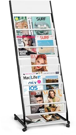 SUNDOY Zeitschriftenständer mit Rädern – Bodenstehender Prospektständer & Kataloghalter, Rollbarer Zeitschriftenhalter für Büro, Messen & Zuhause (5-lagig, 47,5 cm breit)