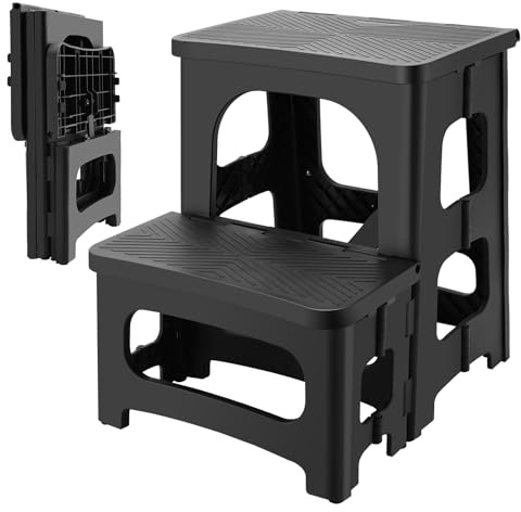 Folding 2-Step Stool for Adults, Non-Slip Collapsible Footstool for Kids Toddlers, Portable Bedside Step Stool, Hold up to 300 lbs, Lightweight & Foldable Step Ladder for Kitchen Pool Office Home RV