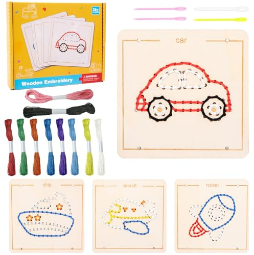 Felicify Giocattolo Montessori, Giocattoli in Legno Montessori, Giocattolo di Allacciatura in Legno, Puzzle di Ricamo per Bambini, Ricamo String Gioco, Giocattoli per Bambini 3+ (Trasporti)