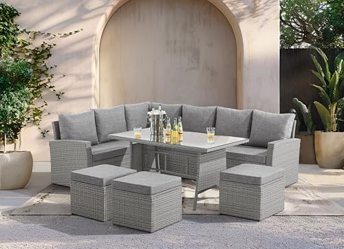 EVRE 9 Seat Marilyn Corner Sofa & Dining Rattan Garden Furniture Set for Indoor Outdoor Patios Gardens Conservatories (Mountain Grey)