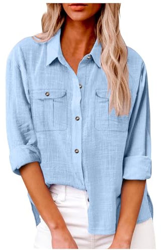 Leinenbluse Damen Sommer Baumwolle Leinen Bluse Langarm Musselin Revers Knopfleiste Blusenshirt, Frühling Urlaub Einfarbig Freizeit Leinenhemd Langarmshirt Knöpfen Leichte Shirt Tops