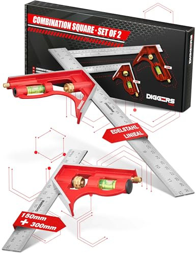Diggers Tools - Juego de ángulos de combinación (150 mm y 300 mm, ángulo preciso de 45/90°, ángulo combinado métrico universal con tope, ángulo de tope versátil de metal con nivel de burbuja