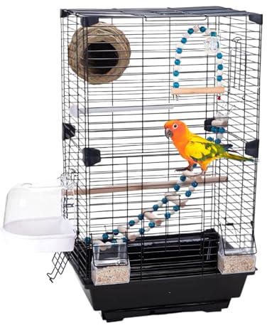 Gabbia Pappagalli, 28 x 37 x 63 cm Gabbia per Uccelli Realizzata in Filo Metallico da 2 mm con Pannello Trasparente Design a Doppia Porta Vassoio Rimovibile e 8 Configurazioni di Intrattenimento