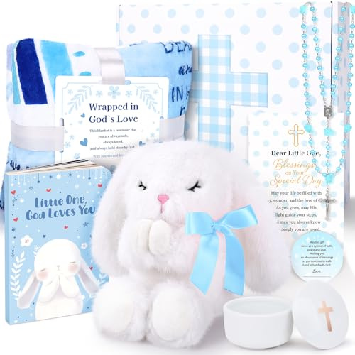 Baptism Gifts for Boy, Christening Gifts for Boys, Dedication Gift, Includes Bunny Stuffed Animal, First Rosary Beads, Prayer Book, Keepsake Blanket, Catholic Baptism Gift Basket