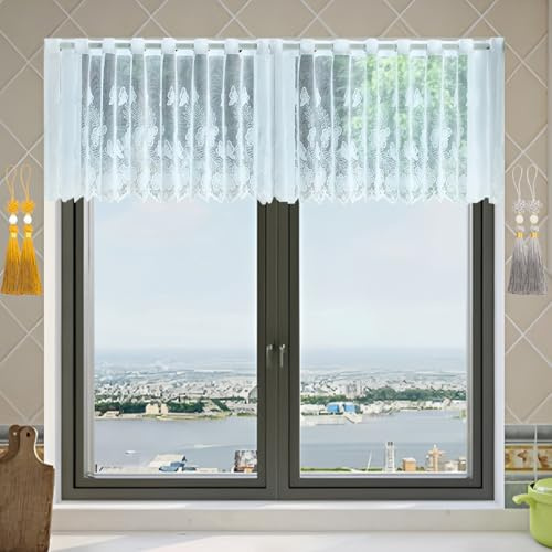 ZenyTra Rideau brise-bise court 150 x 50 cm semi-transparent avec broderie papillon et fleur - 1 pièce + 4 pompons (doré et argent) - Avec œillets - Blanc