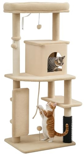 PawHut Albero Tiragraffi Multilivello Alto 132 cm, Palestra per Gatti con Casetta, Lettino per Gatti, Pali Tiragraffi, Piattaforma, Spazzola e Pallina, Dispositivo Antiribaltamento, Beige