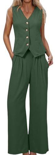 Conjunto de verano de dos piezas para mujer, cuello de pico, chaleco sin mangas con botones y pantalones anchos con bolsillos, traje de verano, traje de verano, elegante, informal, patchwork, para