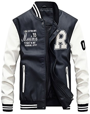Vogstyle Men's PU Leather Varsity College Baseball Jacket Baseball Bomber Coat White L