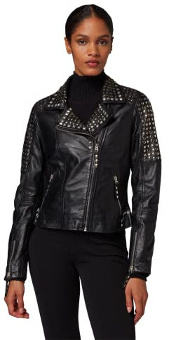 RICANO Studd JKT, Damen Lederjacke (Slim Fit) mit Nieten im Bikerstil in Schwarz und Grau (Vintage) (Schwarz, L)