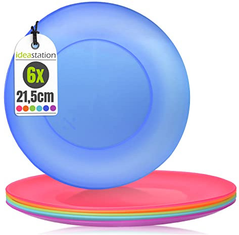idea-station NEO Plastikteller bunt 6 x 21.5 cm - bunte Kinderteller BPA-FREI - bruchsichere Picknick und Camping Teller bunt - Mehrweg Partyteller - Kunststoffteller spülmaschinenfest