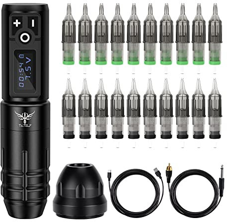 Tatelf - Kit de máquina de tatuaje inalámbrica máquina rotativa para tatuajes tipo Pen con Batería LED digital 20 piezas Cartucho de agujas de tatuaje
