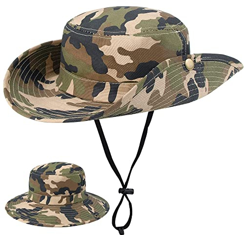 Cappello da pescatore mimetico per ragazzi, colore verde militare, protezione solare, cappello da pesca a tesa larga, con cinturino sottogola, per bambini dai 7 ai 14 anni, Camo per 4-8t, 4-8 anni
