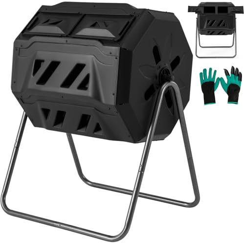 GiantexUK 160L Garden Tumbling Composter, Dual Chamber Compost Tumbler Bin with 2 Sliding Doors, Rotating Waste Bin Composting Tumbler (160L, Black) | Dual Chamber Compost Tumbler Bin with 2 Sliding Doors, Rotating Waste Bin Composting Tumbler