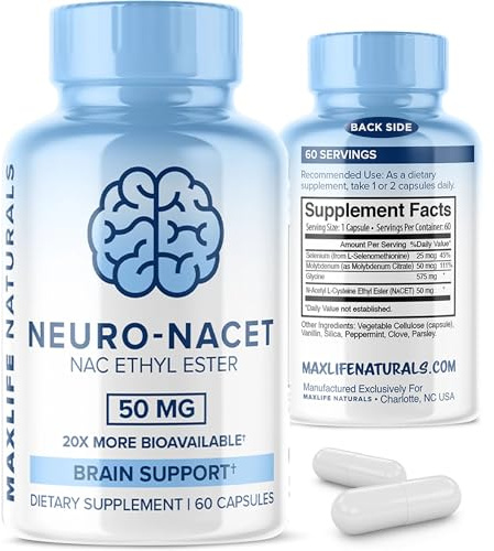 Neuro NACET - 60 Capsules, N-Acetyl Cysteine Ethyl Ester - 20x More Bioavailable Glycine NAC supplement N-Acetyl Cysteine Selenium, 10x Glutathione Boost for Brain and Lung Support by MaxLife Naturals