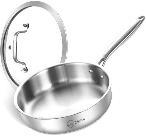 LOLYKITCH 26 CM Tri-ply Stainless Steel Frying Pan with Lid,2.5 L Small Sauté Pan,Riveted Ergonomic Handle,Compatible with Induction Stove,Oven Safe