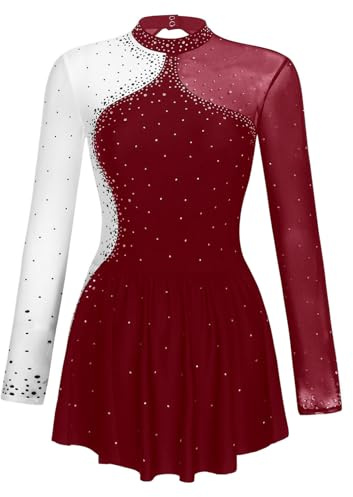 Oyolan Femme Robe Patinage Artistique Strass Manches Longues Justaucorps Gymnastique Danse Tenue Spectacle S-XXL A Bordeaux S