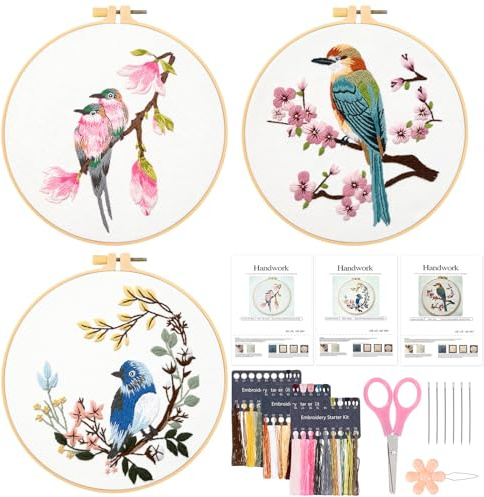 JSRQT 3 Pezzi Ricamo Starter Kit di Ricamo Starter Uccelli Fiori Embroidery Cross Stitch Starter Kit per Adulto Principianti Ricamo a Mano a Punto Croce Embroidery Kit Cucire Accessori