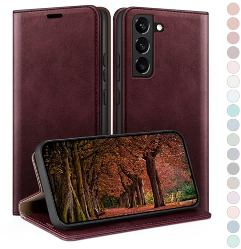 HUOUH für Samsung Galaxy S22 Hülle mit RFID Schutzhülle aus Lederhülle Handyhülle,360 Grad Schutz Case,Kartenfach Leder ständer Handy hülle für Samsung S22 Klapphülle Wallet Cover Rotwein