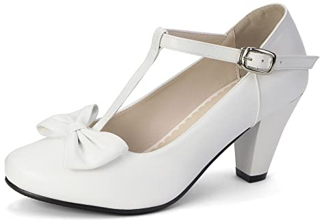 elerhythm Mary Jane Vintage T-Strap Tacchi con fiocco Gatsby anni '50 Pumps Closed Toe anni '20 Victorian Sweet Ankle Eleganti e comode scarpe da Dressy, bianco, 40 EU
