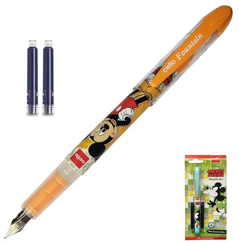 MICKEY MOUSE Fountain Pen with BLUE Ink Cartridges, Iridium Medium Nib, ORANGE Body, Pack of 1, Liquid Ink System, Smooth Writing, iZOFAX Black Ball Pen
