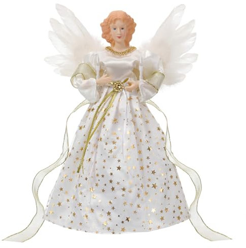 Lewondr Ange de la Cime du Sapin de Noël, 12 Cimier d'arbre de Noël Ange avec 8 Modes de Lumières, Figurine d'ange avec Aile, Décoration de l'arbre de Noël avec Minuterie 6H pour la Maison, Or