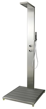 RUBINETTERIA Colonna Doccia da Esterno Cedro Acqua Calda Fredda Piscina Giardino a Pavimento Pedana Antiscivolo Acciaio Inox e WPC (Doccia da Esterno Cedro)
