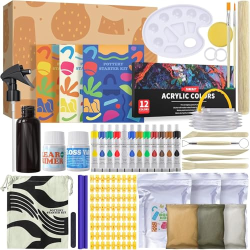 Air Dry Clay for Adults - DIY Clay Kit for Beginners, ceramic clay Sculpting Tools Set,Paints, Brushes, Sponge,Varnish, Letter Stamps for pottery ceramic, Frosted Strip, gifts for pottery lovers